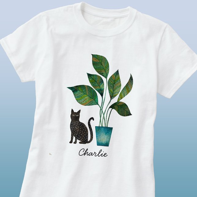 Katt med punkterad växtvattensfärgad Personlig T Shirt (Personalized name watercolor cat with houseplant art t-shirt)