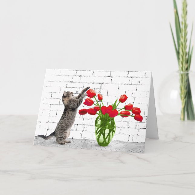 Katt med Red Tulips Birthday Card Kort (Framsida)