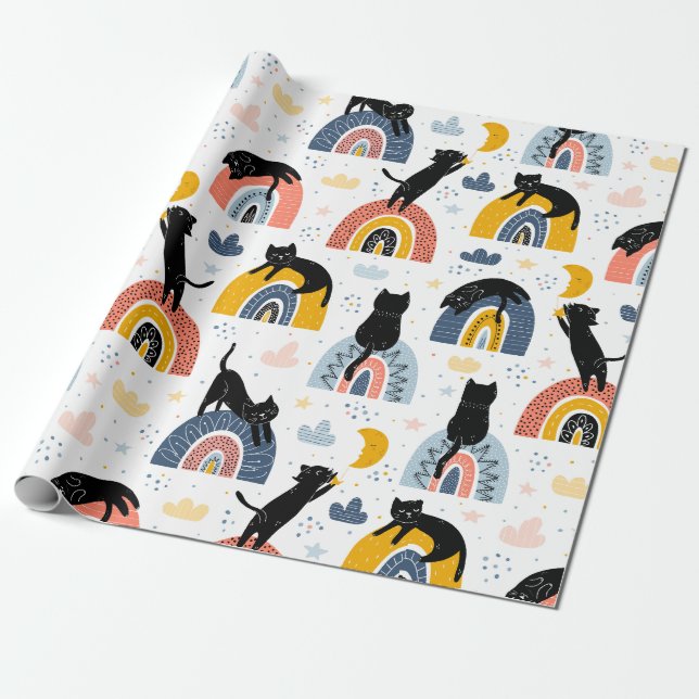 Katt med regnbågsmönsterdesign  presentpapper (Utrullad)