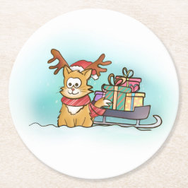 Katt med Reindeer Hat och Sleigh-jul Underlägg Papper Rund