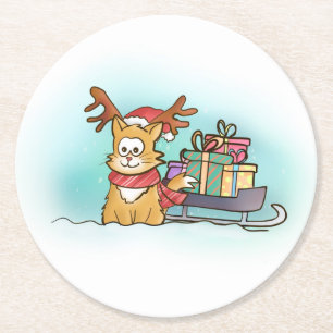 Katt med Reindeer Hat och Sleigh-jul Underlägg Papper Rund
