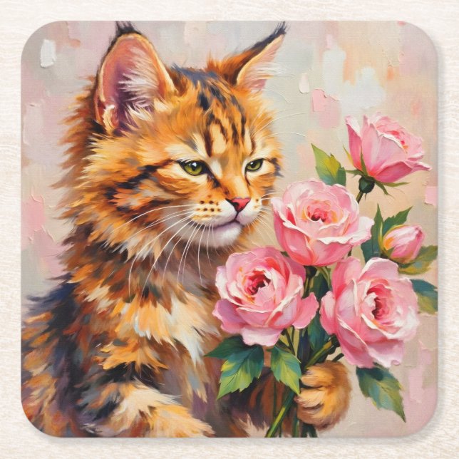 Katt med Ro Underlägg Papper Kvadrat (Framsidan)