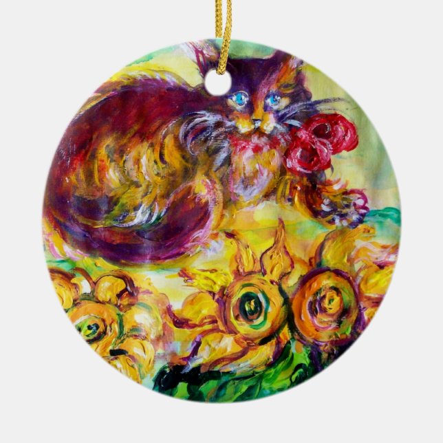 KATT MED RÖD RIBBON OCH SUNFLÖDESFLÖDEN JULGRANSPRYDNAD KERAMIK (Framsidan)