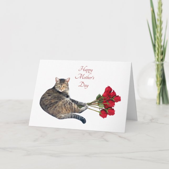 Katt med Röd ros Mors dag-kort Helgkort (Framsida)
