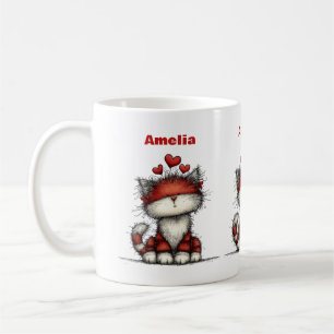 Katt med röda kärlekshjärtan söt och rolig kaffemugg