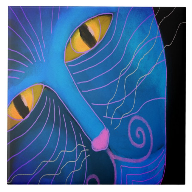 Katt med Rosa Abstrakt Målarfärg på näsa Kakelplatta (Framsidan)