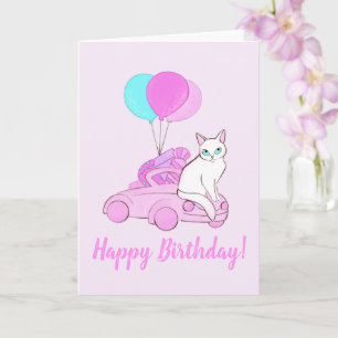 Katt med rosa bil och ballonger kort