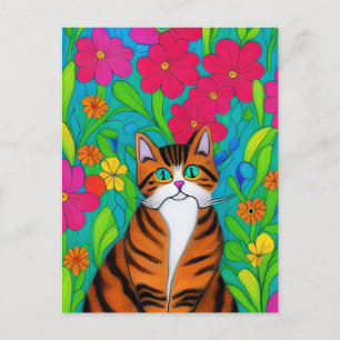 Katt med Rosa blommor, stripe-Orange Vykort