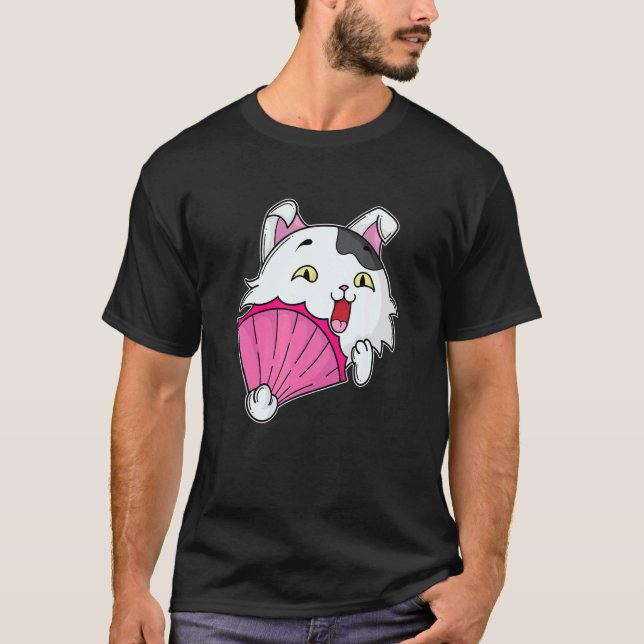 Katt med rosa fläkt t shirt (Framsida)