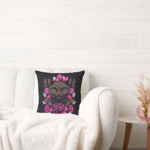 Katt med Rosa Flowers Dekorativ kudde