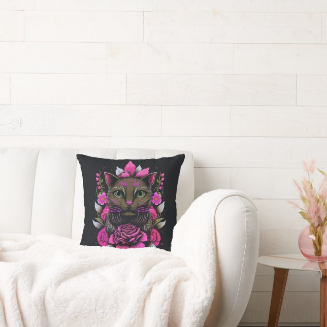 Katt med Rosa Flowers Dekorativ kudde (Soffa)
