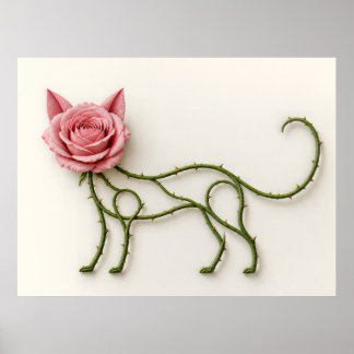 Katt med rosa ros och taggig vinstock - botanisk p poster