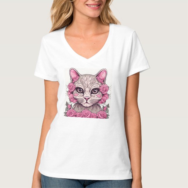 Katt med Rosa ros Womens T-Shirt Tee Top (Framsida)