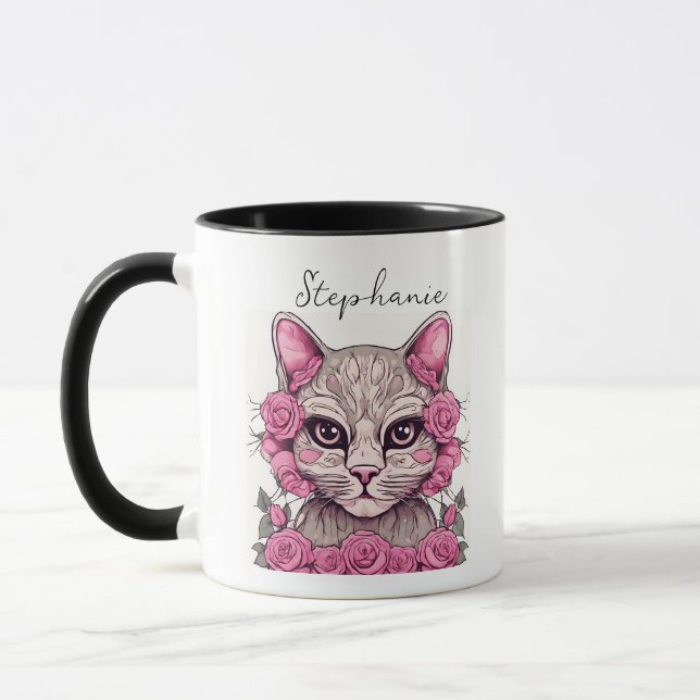 Katt med rosa rosor kaffemugg (Vänster)