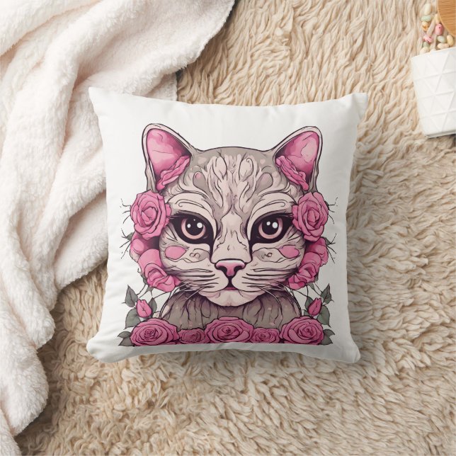 Katt med rosa rosor kastkudde kudde (Filt)