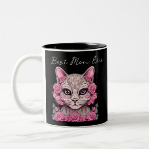 Katt med rosa rosor Personlig bästa mamma någonsin Två-Tonad Mugg