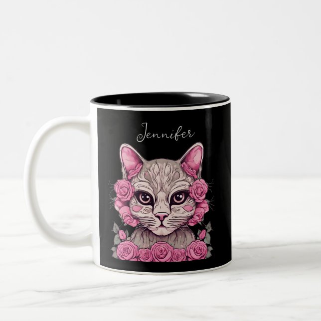 Katt med rosa rosor Personlig Födelsemblomma Mugg (Vänster)