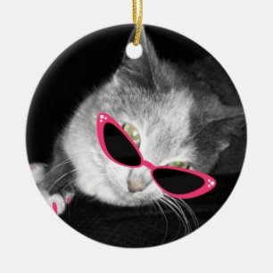Katt med rosa solglasögon & kloprydnaden julgransprydnad keramik