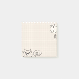 Katt med rutnät bakom säger hej trevligt att träff post-it block