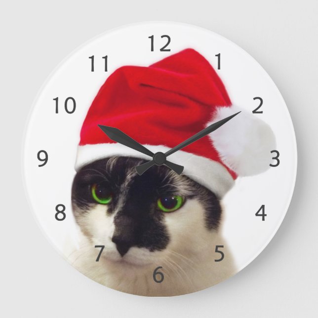 Katt med Santas hatt Stor Klocka (Framsida)