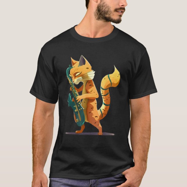 Katt med saxofon t shirt (Framsida)