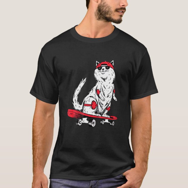 Katt Med Skateboard Kattunge Skater T Shirt (Framsida)