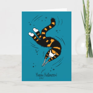 Katt med Skeleton Händer simmande Happy halloween Kort