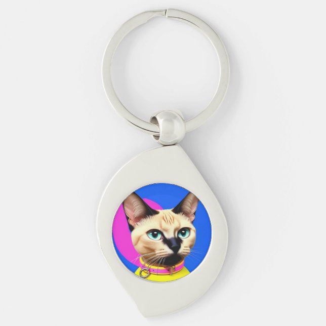 Katt med slående ögon swirl silverfärgad nyckelring (Framsidan)