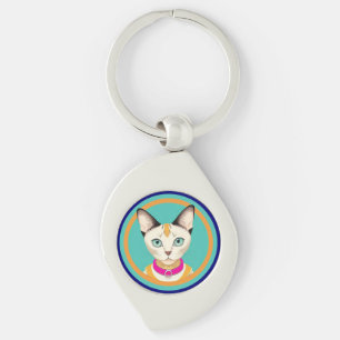 Katt med slående ögon vid cirkulärt spegel swirl silverfärgad nyckelring