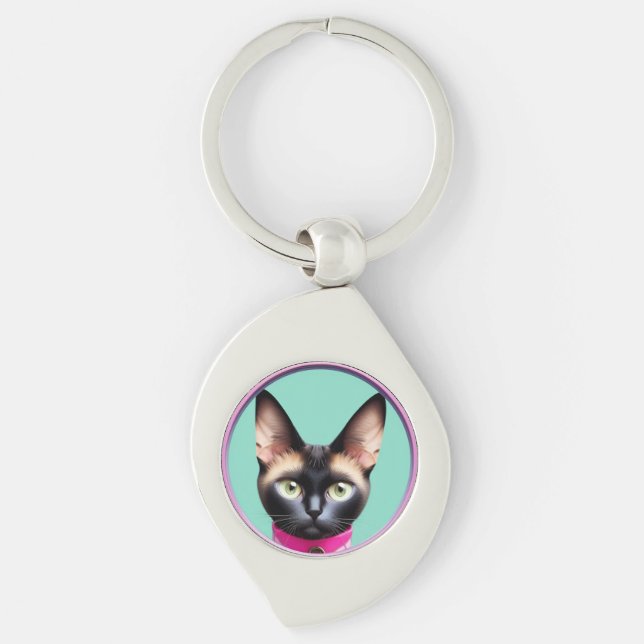 Katt med slående ögon vid cirkulärt spegel swirl silverfärgad nyckelring (Framsidan)