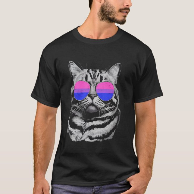 Katt med solglasögon Bi Pride HBTQ T Shirt (Framsida)
