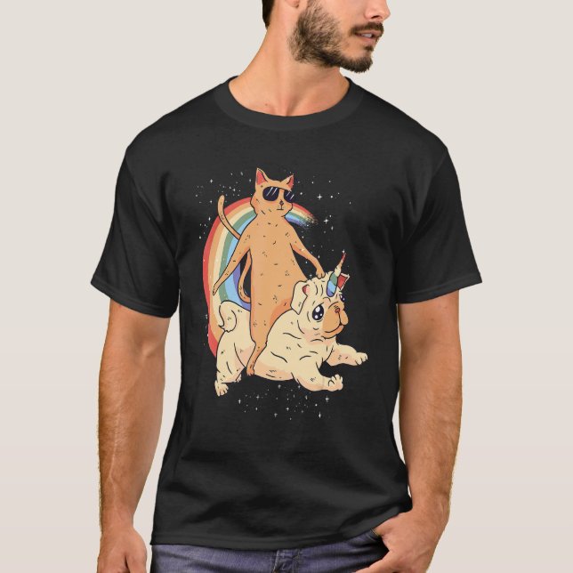 Katt med solglasögon Enhörning Hund Regnbåge Grafi T Shirt (Framsida)