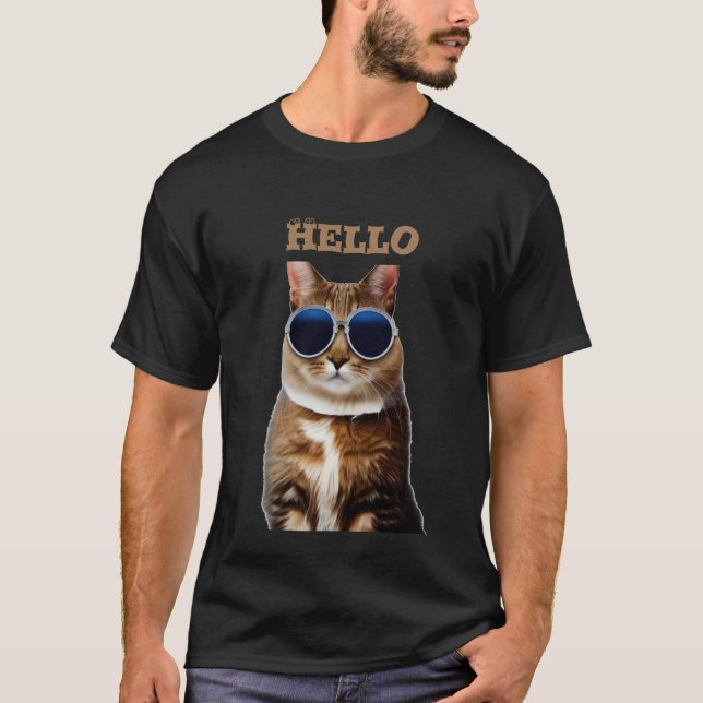 Katt med solglasögon Hello Herr Basic Mörk T-Shirt (Framsida)