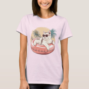 Katt med solglasögon i en rosa som simmar ring t shirt