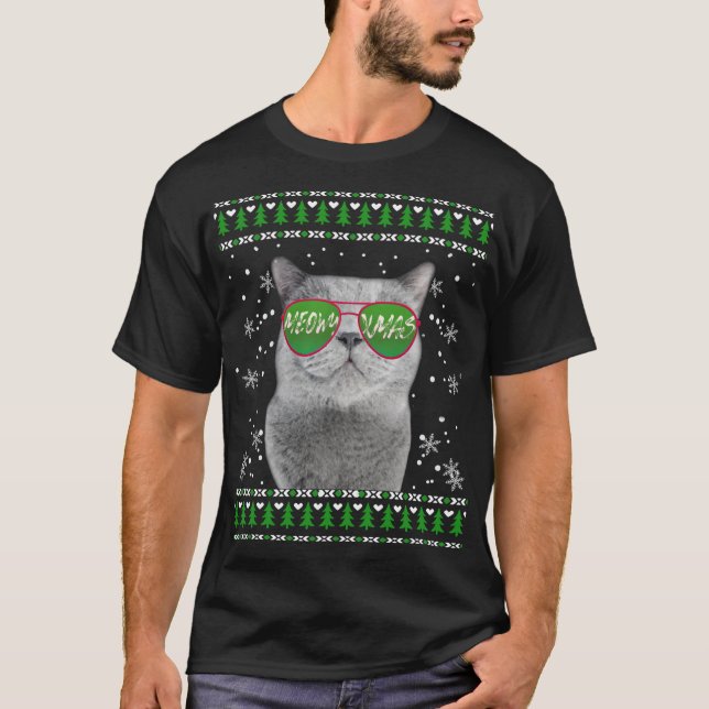 Katt med solglasögon Meowy Ugly julsötare T Shirt (Framsida)
