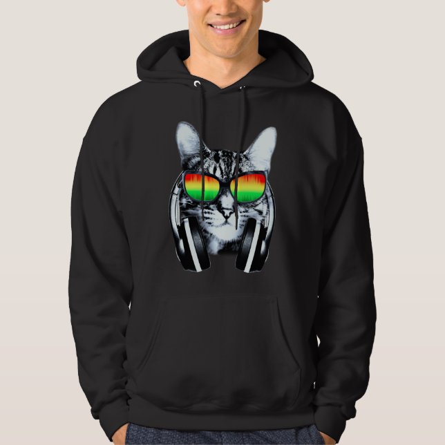 Katt med solglasögon och hörlurar hoodie (Framsida)