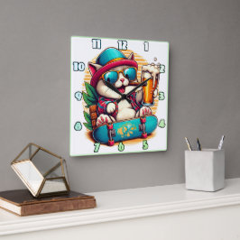 Katt med solglasögon som firar på en skateboard fyrkantig klocka