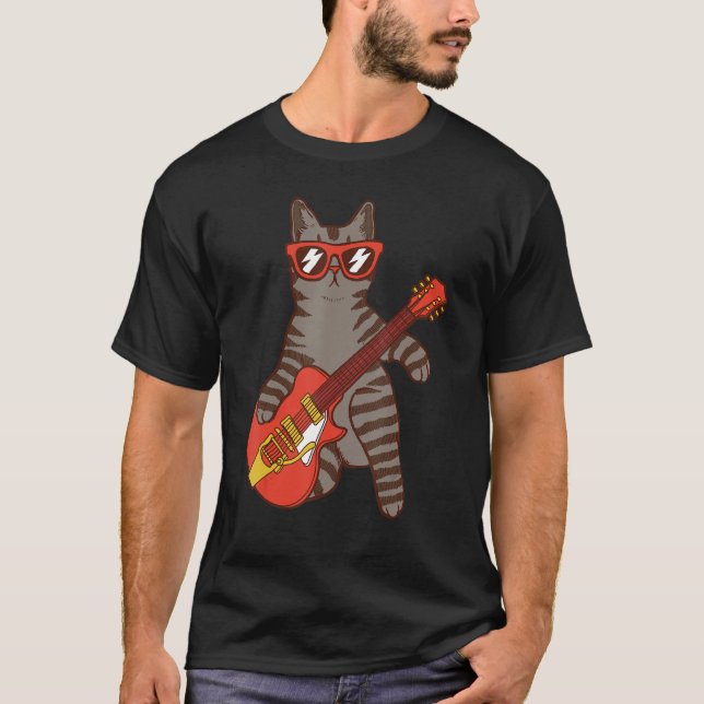 Katt med solglasögon som spelar Guitar Guitarist T Shirt (Framsida)