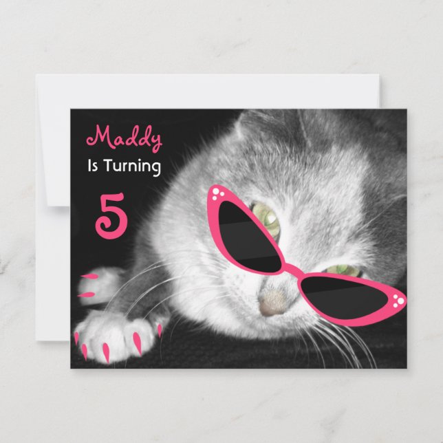 Katt med solglasögonfödelsedagsfestinbjudan inbjudningar (Framsida)