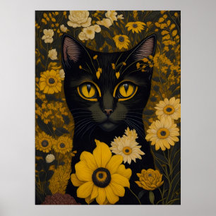 Katt med stor ögon framför blommor poster
