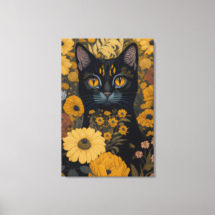 Katt med stort ögon framför blommor #2 canvastryck
