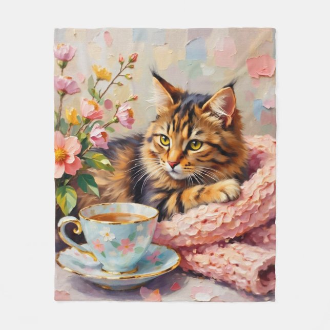 Katt med Tea Kopp Fleecefilt (Framsidan)