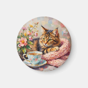 Katt med Tea Kopp Magnet
