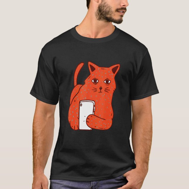 Katt Med Telefon T Shirt (Framsida)