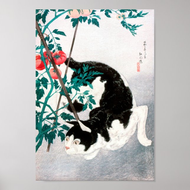 Katt med Tomato Plant (1931) av Hiroaki Takahashi Poster (Framsidan)