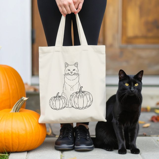 Katt med två pumpkins Line Art Cute Halloween Tygkasse (Disclaimer: This image is a digital mockup.)