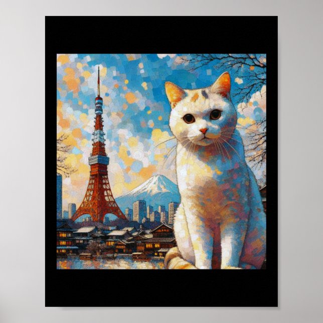 Katt med utsikt över Tokyo Tower med Mount Fuji i Poster (Framsidan)