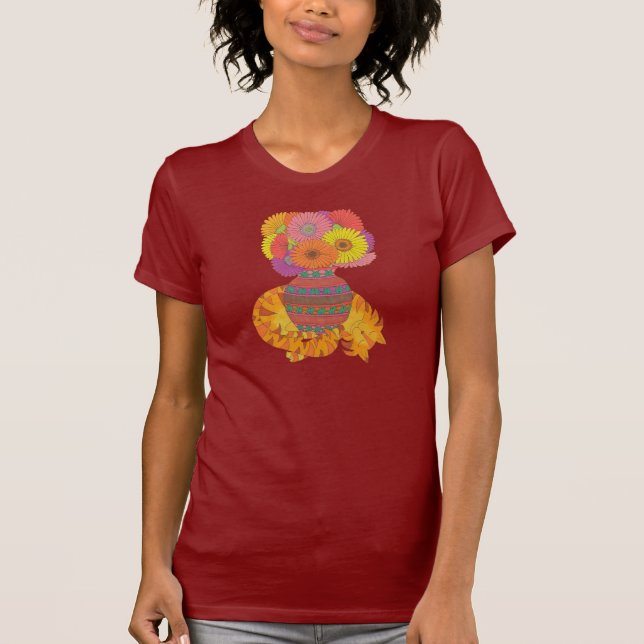 Katt med Vas i Gerbera Daisys Folk Art T-shirt (Framsida)
