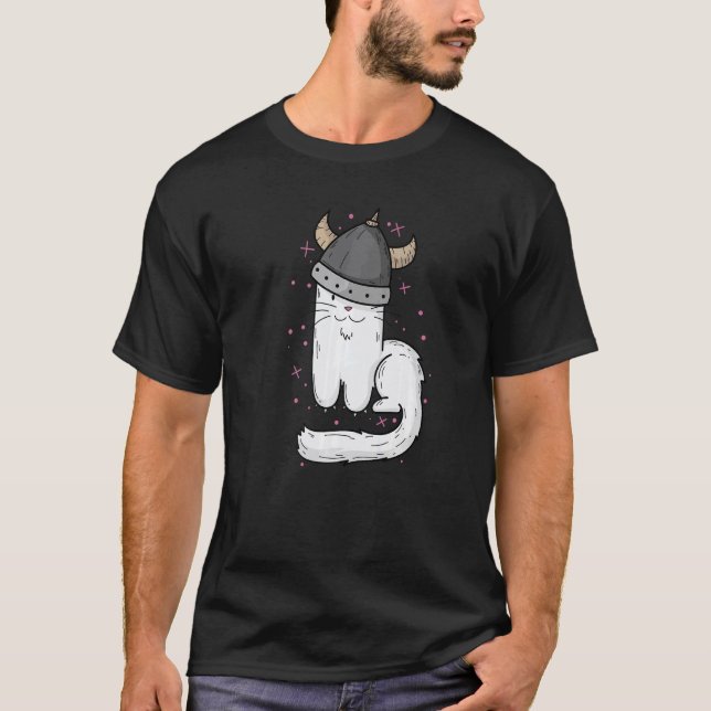 Katt med Vikinghjälm och klor T Shirt (Framsida)