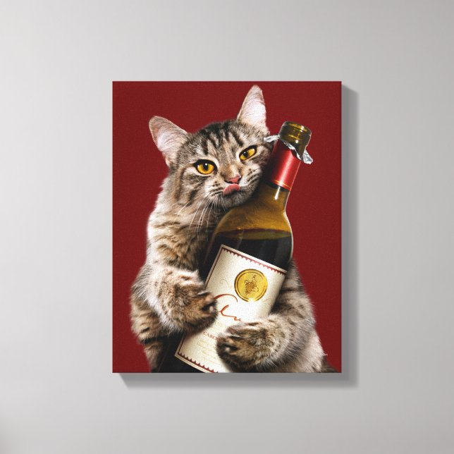 Katt med Vin Flaska Canvastryck (Framsida)